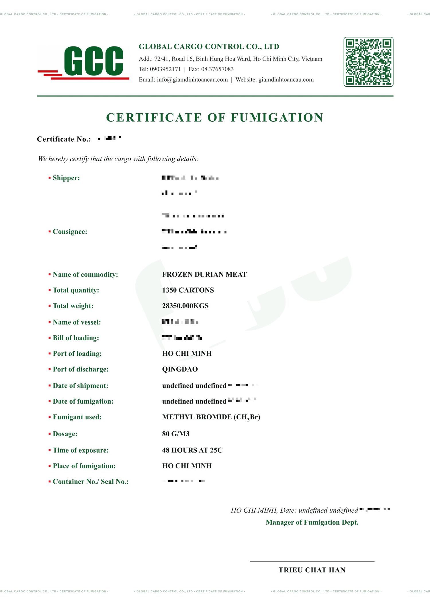 Mẫu chứng thư xông trùng (Certificate of Fumigation)